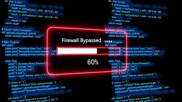 Teal firewall bypassed Progress Bar on a Background of Computer Code loading programming. 4k animation 