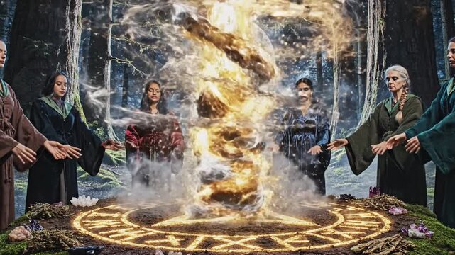 Witches casting spell in enchanted forest under full moon