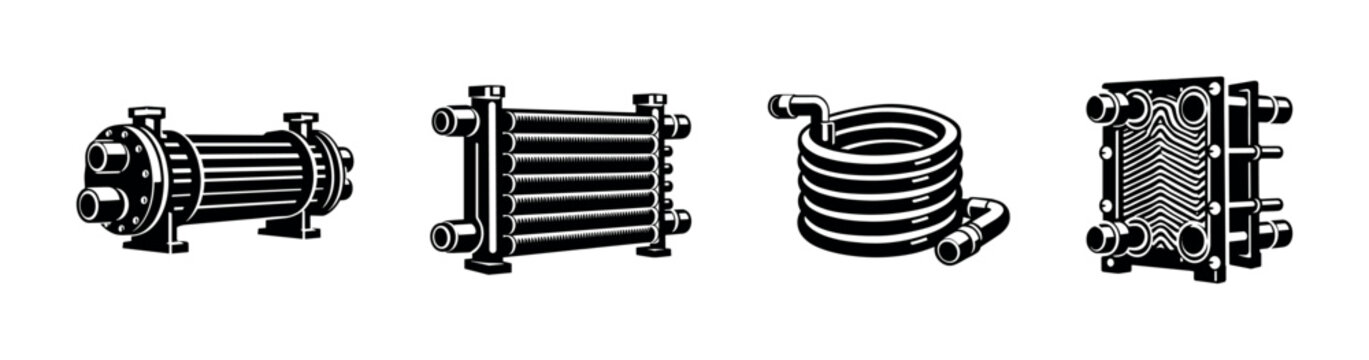 Heat exchangers vector icons set. black industrial symbols, machinery, equipment