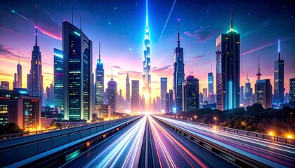 Obraz premium A futuristic cityscape at dusk, featuring a highway with blurred light trails, leading towards illuminated skyscrapers under a vibrant sky