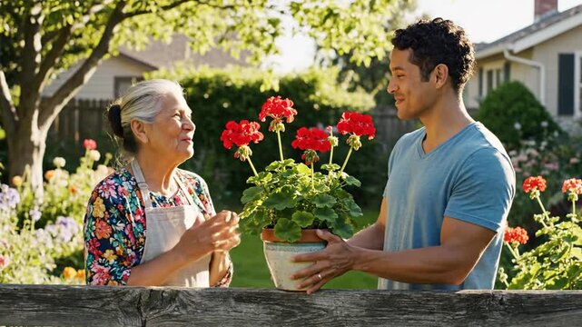 Smiling man gives potted geraniums to older woman in sunny garden