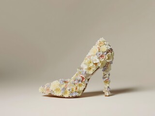 Fototapeta premium Luxury high heel pump entirely covered with delicate pastel blossoms in cream, lavender and blush. Ideal for spring 2026 fashion campaigns, bridal content, beauty brands and floral lifestyle design.