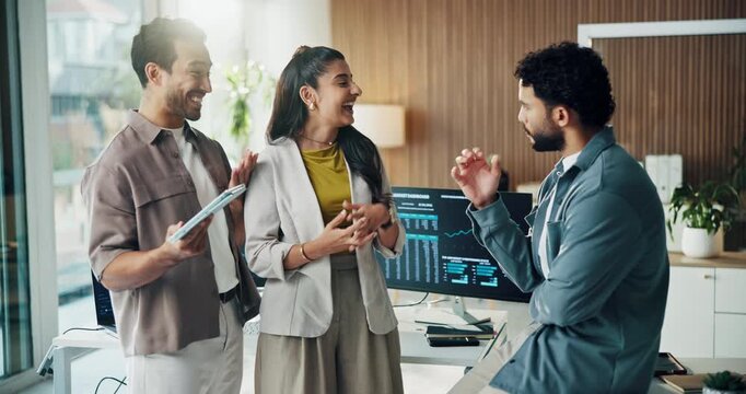 Meeting, planning and team of business people in office with feedback for web development. Collaboration, discussion and group of software engineers with partnership for coding at startup agency.
