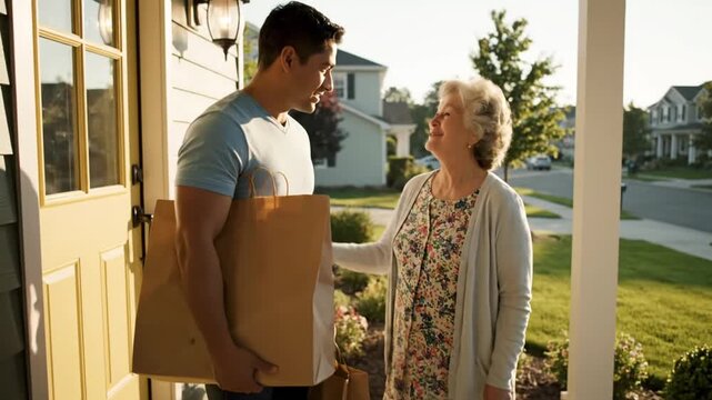 Young man helps older woman with groceries on suburban porch