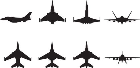 Fototapeta premium Military fighter jet silhouette icon set. Combat aircraft top, side, and front views for flight simulation and identification. Vector warplane symbols.