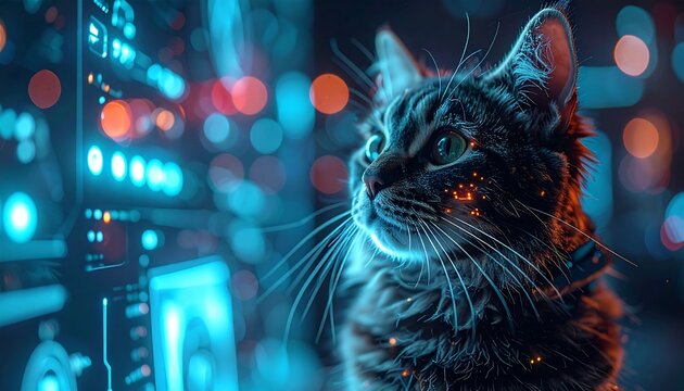 Cybernetic cat with glowing digital interface in futuristic environment