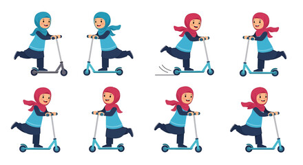 Fototapeta premium Collection of Muslim Girls Riding Scooters in Various Poses.
