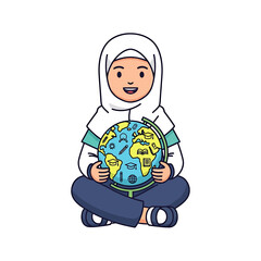 Naklejka premium Young Muslim girl wearing hijab holding a globe symbolizing education and global awareness.