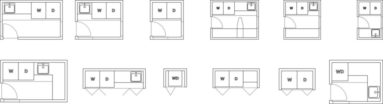 Laundry room layouts set, washer dryer floor plan with sink, top view, blueprint, editable stroke, vector