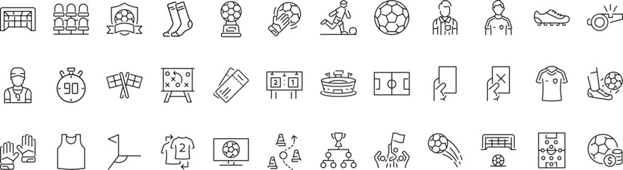 Set of outline icons related to football, soccer. Linear icon collection. Editable stroke. Vector © hadidesign