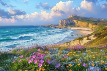 wildflower meadow overlooking sunlit coastal cliffs, turquoise waves and soft clouded sky, a peaceful uplifting seaside scene