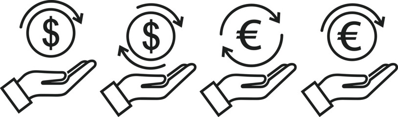 Currency exchange and money transfer icon set with hand holding dollar and euro symbols, finance, banking and payment concepts