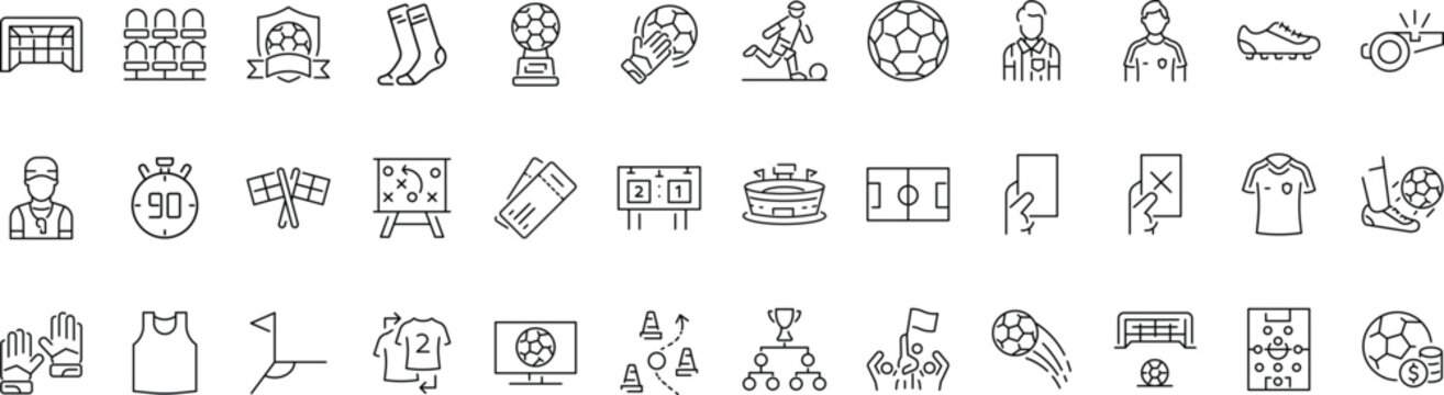 Set of outline icons related to football, soccer. Linear icon collection. Editable stroke. Vector