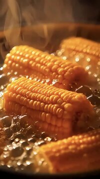 Golden corn on the cob boiling.