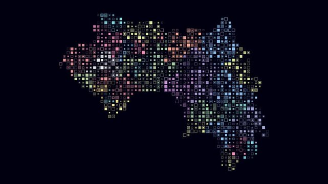 Guinea map animation. Shape of the country with pulsating colored dots. Small size square blocks. Digital style Guinea map on dark background. Artistic video.