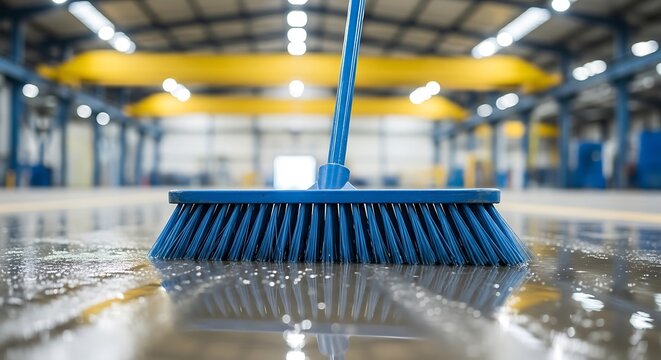A blue broom on a wet floor in a large industrial warehouse