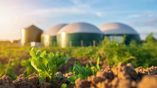 Biogas plant in rural landscape with sustainable agriculture concept and organic energy production, green technology innovation, renewable resources and eco-friendly farm practices