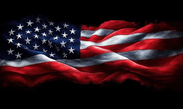 Waving American flag with stars and stripes on a dark background, textured folds conveying solemn pride and dramatic patriotic strength