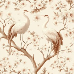 Fototapeta premium Two elegant white cranes perched on blossoming branches surrounded by soft sepia flowers, serene and graceful