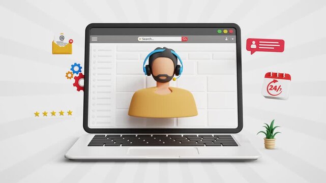 Customer Service, Technical Support and Advice. Help Desk, Telemarketing, Consultant, Personal Assistant, Office Operator, Hotline. Call Center Agent with Headset Talking to Client on Laptop. 3D Video