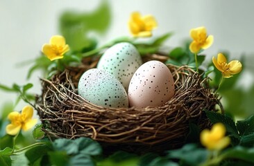 Obraz premium three speckled pastel eggs nestled in a brown bird nest surrounded by green leaves and small yellow flowers, soft spring light conveying calm, nurturing and hopeful mood