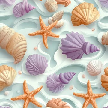 pastel seashells and starfish arranged on wavy aqua background with small pearls, scallop and conch shells conveying a calm serene seaside feeling