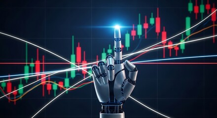 Robotic hand pointing at glowing light amidst stock market data visualization