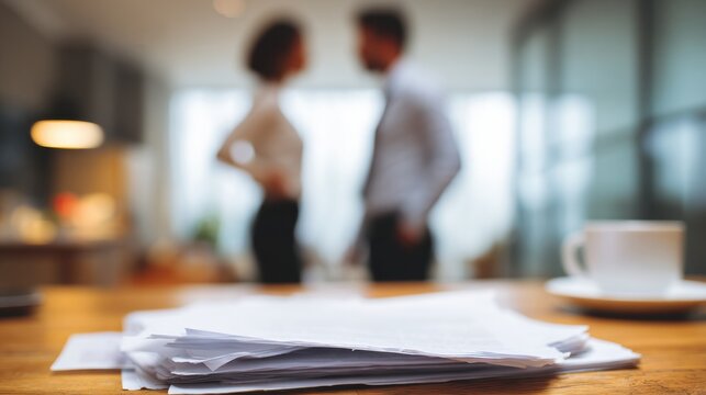 Blurred Argument Between Spouses While Lawyer Reviews Documents in a Mediation Setting During an Office Meeting
