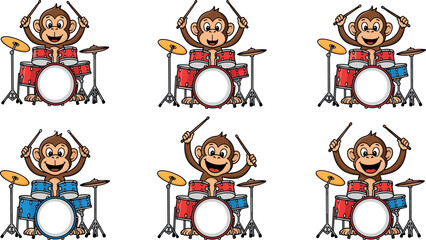 Set of cute cartoon monkey playing drum kit illustration, funny animal drummer character collection isolated on white background for kids music design © SreemotiArponaBala