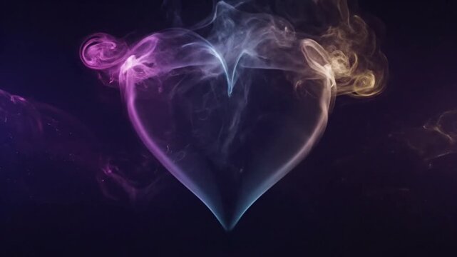 A colorful heart-shaped formation created with swirling smoke, viewed from directly above against a dark background