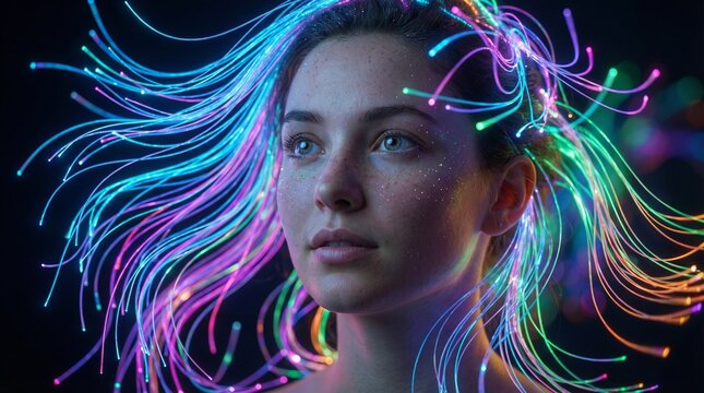 A woman with colorful neon lights flowing through her hair in a dark background