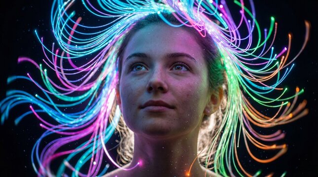 A woman with colorful neon lights swirling around her head in a dark background