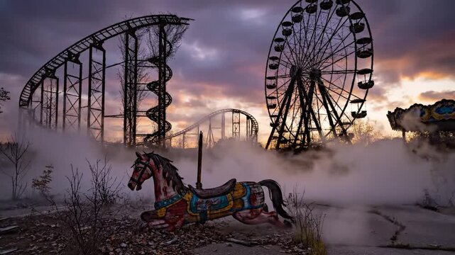 Abandoned amusement park with roller coaster and Ferris wheel at sunset