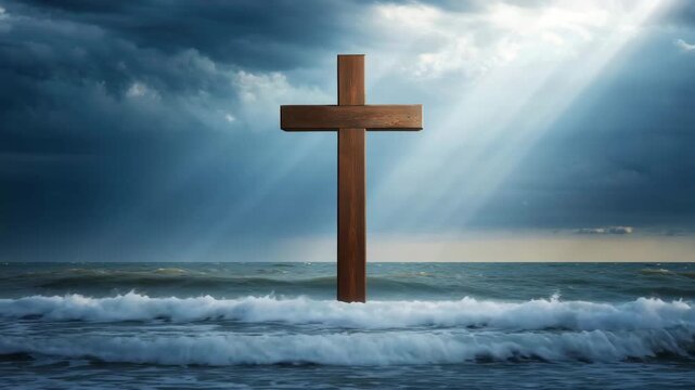 Cross rising from stormy sea with shafts of light piercing clouds, wooden cross amid crashing waves, coastal horizon glow, faith resilience crucifixion theology iconography pilgrimage, rites