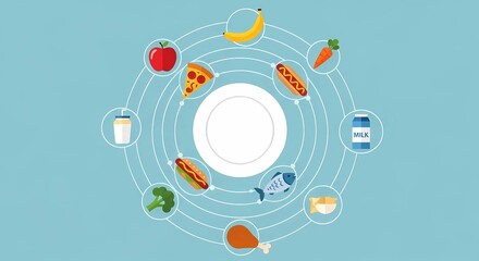 Creative food composition around empty plate with healthy and fast food elements. Ideal for nutrition concepts, diet comparison graphics, menu design, and food education content