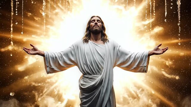 Jesus Resurrection Scene Depicting Divine Ascension with Open Arms in Heavenly Clouds and Radiant Light