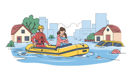 Brave rescue worker in an inflatable boat evacuates a woman and child from a severely flooded city, with submerged houses and cars, illustrating flood relief and natural disaster response.