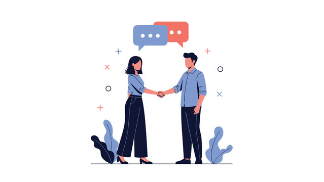 Man and woman shaking hands warmly, with accompanying speech bubbles, symbolizing a successful business agreement, professional partnership, or collaborative venture in a corporate setting.