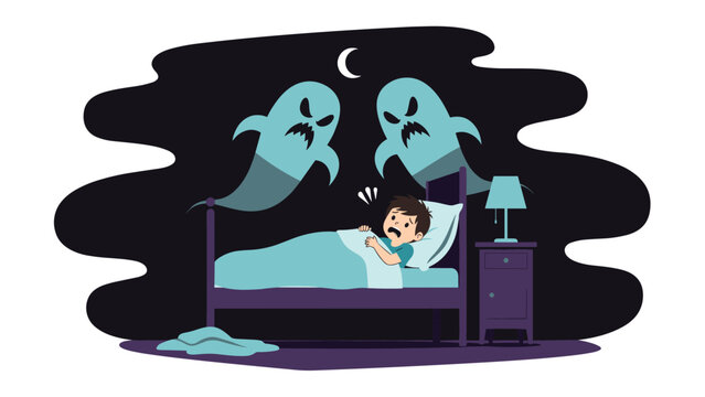 Frightened child lies wide awake in bed during the night, surrounded by two menacing, spooky ghosts, vividly illustrating common nightmares and vivid childhood fears.