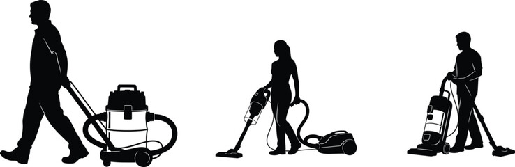 Silhouettes of people using industrial canister vacuum, household canister vacuum, and upright vacuum cleaner representing diverse cleaning equipment concepts © anisur-creatives