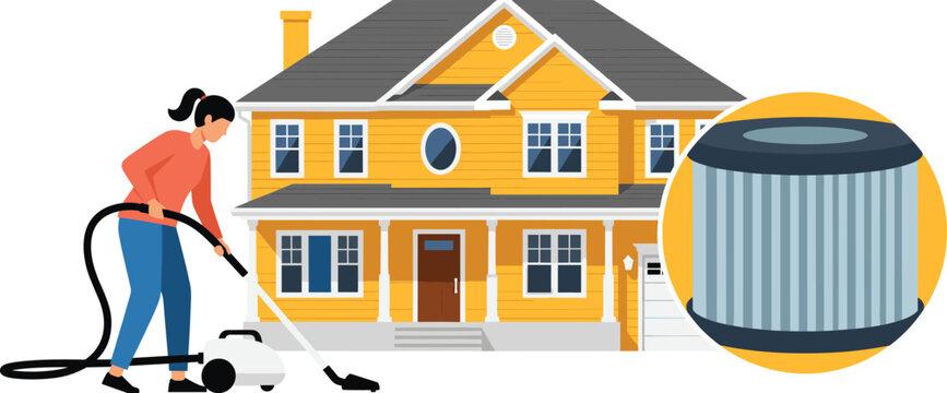 Person vacuuming in front of large yellow house with inset showing cylindrical vacuum filter highlighting home cleanliness and indoor air quality