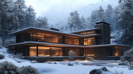 modern glass and stone house in a snowy forest at dusk with warm glowing interiors, serene cozy and inviting atmosphere