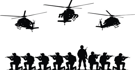 Vector illustration of military soldier silhouettes with rifles and helicopters in combat formation, tactical defense teamwork, army operation scene © anisur-creatives