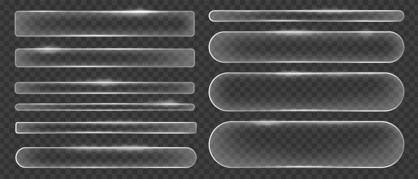 Glasmorphism liquid button frames, Glass texture geometric rectangular and round shapes, Blurred glass effect with glare.