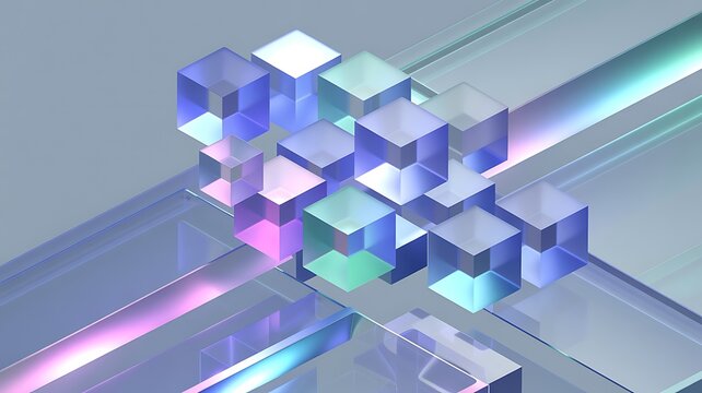 Abstract geometric composition of translucent cubes with vibrant neon light reflections creating a futuristic digital art with a sense of depth and complexity ideal for technology