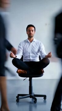 Calm businessman meditating in lotus pose on office chair while blurred colleagues rush past, mindfulness work concept, stress management, focus and productivity balance in fast paced corporate life