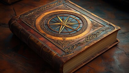 ornate leather-bound book with embossed compass rose and celtic knotwork, warm golden patina evoking mystery and adventure