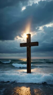 Horizon meets a lone cross at sea, sunset glow behind weathered timber, crashing waves and gold reflections, storm clouds churn above, resilience and contemplation, ritual meditation now