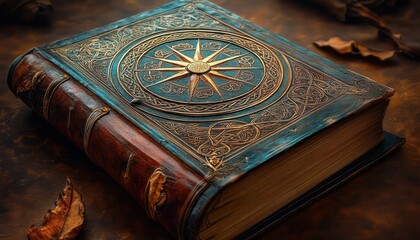 Ornate antique leather-bound book embossed with a gold compass rose and intricate knotwork on a worn table with dried leaves, evoking mystery and nostalgia