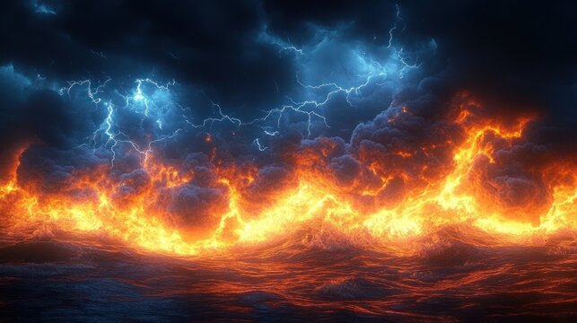 raging fiery ocean with molten waves under a dark electric storm, blazing flames licking lightning-lit clouds